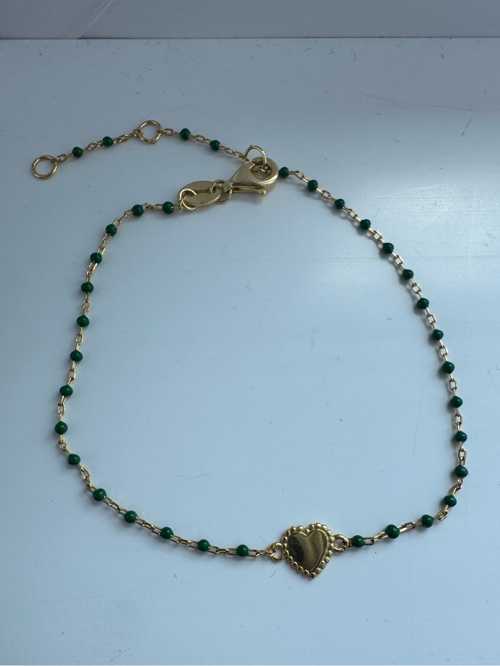 Dainty Gold Bracelet - gold heart with green beads